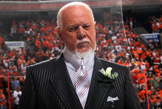PHILADELPHIA - JUNE 09:  CBC sportscaster Don Cherry reports before Game Six of the 2010 NHL Stanley Cup Final between the Chicago Blackhawks and the Philadelphia Flyers at the Wachovia Center on June 9, 2010 in Philadelphia, Pennsylvania.  (Photo by Bruce Bennett/Getty Images)