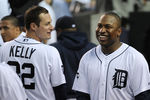 DETROIT, MI - OCTOBER 13:  Delmon Young #21 of the Detroit Tigers smiles with Don Kelly #32 in the sixth inning of Game Five of the American League Championship Series against the Texas Rangers at Comerica Park on October 13, 2011 in Detroit, Michigan.  (Photo by Harry How/Getty Images)
