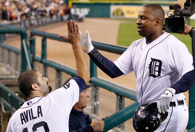 DETROIT, MI - OCTOBER 03:  Delmon Young #21 of the Detroit Tigers celebrates his home run against the New York Yankees in the seventh inning with Alex Avila #13 during Game Three of the American League Division Series at Comerica Park on October 3, 2011 in Detroit, Michigan.  (Photo by Gregory Shamus/Getty Images)