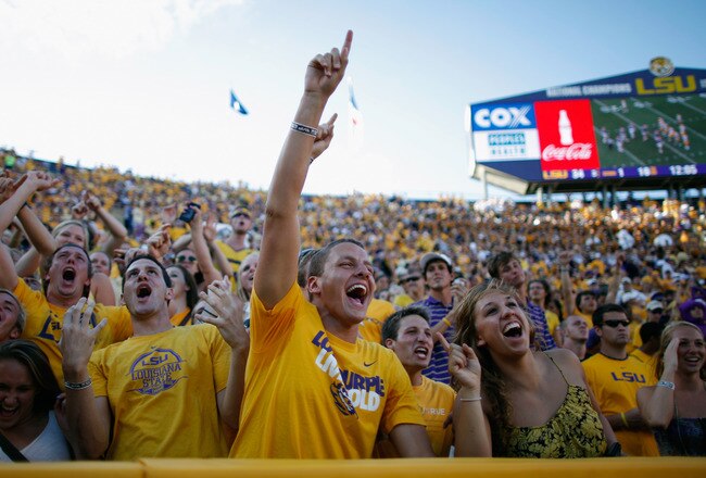 BATON ROUGE, LA - OCTOBER 08:  Fans of the Louisiana State University Tigers cheer during the game against the Florida Gators at Tiger Stadium on October 8, 2011 in Baton Rouge, Louisiana.  (Photo by Chris Graythen/Getty Images)
