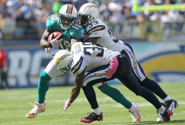 SAN DIEGO, CA - OCTOBER 2:  Wide receiver Brandon Marshall #19 of the Miami Dolphins is tackled by defensive backs Dante Hughes #33 and Marcus Gilchrist #38 of the San Diego Chargers at Qualcomm Stadium on September 25, 2011 in San Diego, California.    The Chargers won 26-16. (Photo by Stephen Dunn/Getty Images)