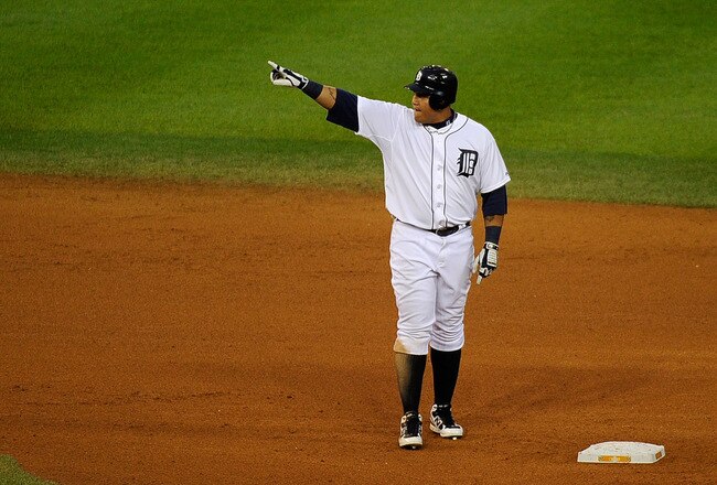 DETROIT, MI - OCTOBER 13:  Miguel Cabrera #24 of the Detroit Tigers reacts after hitting an RBI double in the sixth inning to take a 3-2 lead over the Texas Rangers in Game Five of the American League Championship Series at Comerica Park on October 13, 2011 in Detroit, Michigan.  (Photo by Kevork Djansezian/Getty Images)