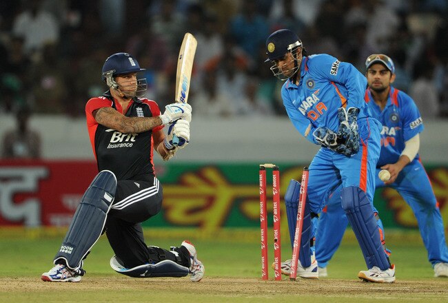 HYDERABAD, INDIA - OCTOBER 14:  Jade Dernbach of England is bowled by Ravichandran Ashwin of India during the 1st One Day International between England and India at The Rajiv Gandhi International Cricket Stadium on October 14, 2011 in Hyderabad, India.  (Photo by Gareth Copley/Getty Images)