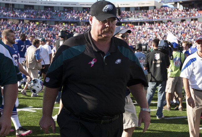 ORCHARD PARK, NY - OCTOBER 09:  Head coach Andy Reid of the Philadelphia Eagles walks off the field after a loss to the Buffalo Bills  at Ralph Wilson Stadium on October 9, 2011 in Orchard Park, New York.  (Photo by Brody Wheeler/Getty Images)