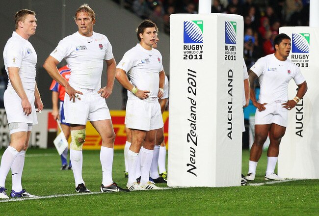 AUCKLAND, NEW ZEALAND - OCTOBER 08:  (L-R) Chris Ashton, Lewis Moody, Ben Youngs and Manu Tuilagi of England look dejected during quarter final two of the 2011 IRB Rugby World Cup between England and France at Eden Park on October 8, 2011 in Auckland, New Zealand.  (Photo by David Rogers/Getty Images)