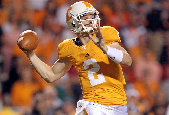 KNOXVILLE, TN - OCTOBER 23:  Matt Simms #2 of the Tennessee Volunteers throws a pass during the SEC game against the Alabama Crimson Tide at Neyland Stadium on October 23, 2010 in Knoxville, Tennessee.  (Photo by Andy Lyons/Getty Images)