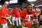 ARLINGTON, TX - OCTOBER 15:  Adrian Beltre #29 of the Texas Rangers celebrates on the field after defeating the Detroit Tigers in Game Six of the American League Championship Series 15-5 to advance to the World Series at Rangers Ballpark in Arlington on October 15, 2011 in Arlington, Texas.  (Photo by Harry How/Getty Images)