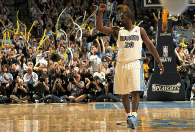 DENVER, CO - APRIL 25:  Raymond Felton #20 of the Denver Nuggets celebrates late in the fourth quarter against the Oklahoma City Thunder in Game Four of the Western Conference Quarterfinals in the 2011 NBA Playoffs on April 24, 2011 at the Pepsi Center in Denver, Colorado. The Nuggets defeated the Thunder 104-101. NOTE TO USER: User expressly acknowledges and agrees that, by downloading and or using this photograph, User is consenting to the terms and conditions of the Getty Images License Agreement.  (Photo by Doug Pensinger/Getty Images)