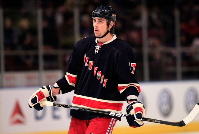 NEW YORK, NY - FEBRUARY 20: Brandon Dubinsky #17 of the New York Rangers skates against the Philadelphia Flyers at Madison Square Garden on February 20, 2011 in New York City. The Flyers defeated the Rangers 4-2.  (Photo by Chris Trotman/Getty Images)