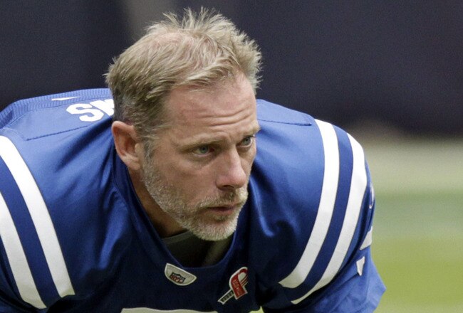 HOUSTON - SEPTEMBER 11:  Quarterback Kerry Collins #5 of the Indianapolis Colts warms up before playing the Houston Texans at Reliant Stadium  in a season opener on September 11, 2011 in Houston, Texas.  (Photo by Bob Levey/Getty Images)