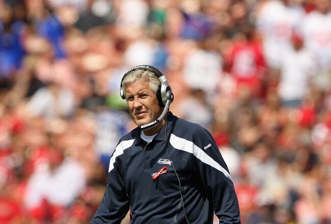 SAN FRANCISCO, CA - SEPTEMBER 11:  Seattle Seahawks head coach Pete Carroll walks the sidelines during their season opener against the San Francisco 49ers at Candlestick Park on September 11, 2011 in San Francisco, California.  (Photo by Ezra Shaw/Getty Images)