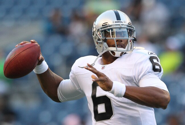 SEATTLE, WA - SEPTEMBER 02:  Quarterback Terrelle Pryor #6 of the Oakland Raiders warms up prior to the game against the Seattle Seahawks at CenturyLink Field on September 2, 2011 in Seattle, Washington. (Photo by Otto Greule Jr/Getty Images)