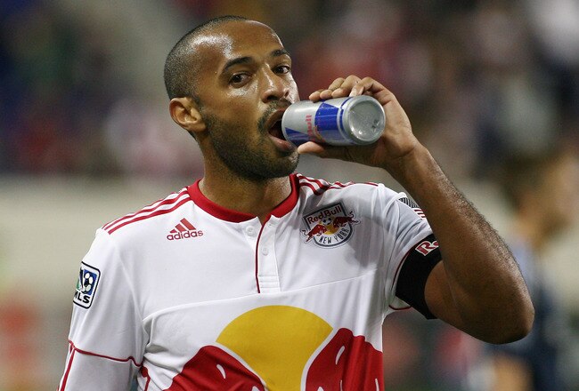 HARRISON, NJ - OCTOBER 04: Thierry Henry #14 of the New York Red Bulls cools down with a drink during an injury timeout against the Los Angeles Galaxy during the game at Red Bull Arena on October 4, 2011 in Harrison, New Jersey. (Photo by Andy Marlin/Getty Images)