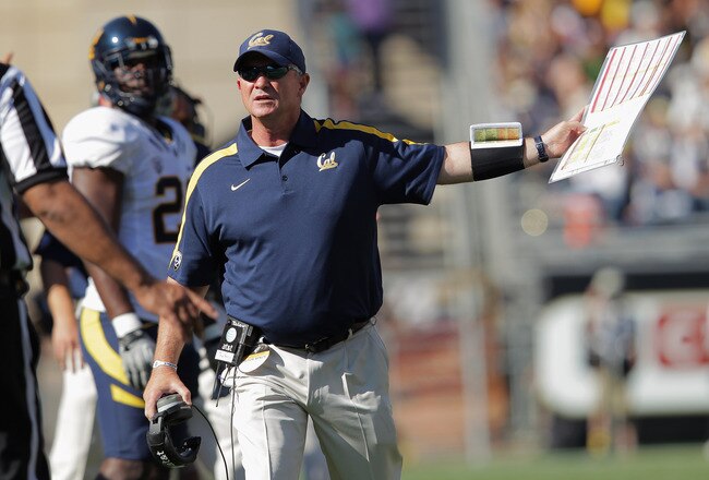 BOULDER, CO - SEPTEMBER 10:  Head coach Jeff Tedford of the California Golden Bears contests a call with the officials against the Colorado Buffaloes at Folsom Field on September 10, 2011 in Boulder, Colorado. The Bears defeated the Buffaloes 36-33 in overime.  (Photo by Doug Pensinger/Getty Images)