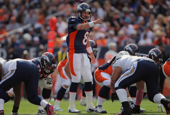 DENVER, CO - OCTOBER 09:  Quarterback Kyle Orton #8 of the Denver Broncos runs the offense against the San Diego Chargers at Sports Authority Field at Mile High on October 9, 2011 in Denver, Colorado. The Chargers defeated the Broncos 29-24.  (Photo by Doug Pensinger/Getty Images)
