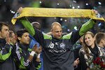 SEATTLE - OCTOBER 15:  Goalkeeper Kasey Keller #18 of the Seattle Sounders FC waves to the crowd after his final home match against the San Jose Earthquakes at CenturyLink Field on October 15, 2011 in Seattle, Washington. The Sounders defeated the Earthquakes 2-1.
(Photo by Otto Greule Jr/Getty Images)