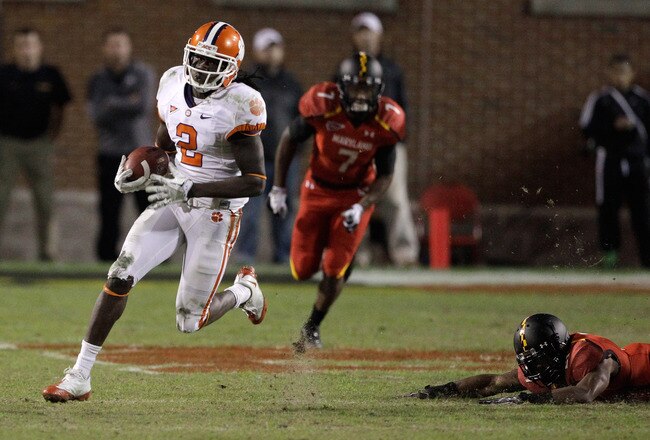 COLLEGE PARK, MD - OCTOBER 15:  Sammy Watkins #2 of the Clemson Tigers returns a kickoff for a touchdown during the fourth quarter against the Maryland Terrapins at Byrd Stadium on October 15, 2011 in College Park, Maryland.  (Photo by Rob Carr/Getty Images)
