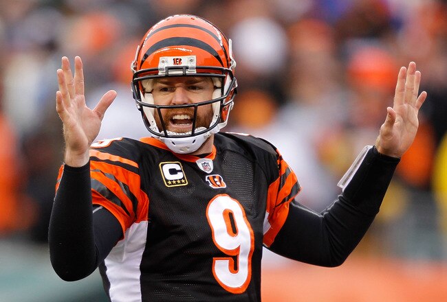 CINCINNATI, OH - DECEMBER 19:  Quarterback Carson Palmer #9 of the Cincinnati Bengals calls a play at the line of scrimage while playing the Cleveland Browns at Paul Brown Stadium on December 19, 2010 in Cincinnati, Ohio.  (Photo by Matthew Stockman/Getty Images)