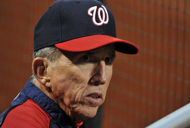 NEW YORK, NY - SEPTEMBER 12: Davey Johnson #5 of the Washington Nationals looks on from the dugout during the game against the New York Mets at Citi Field on September 12, 2011 in the Flushing neighborhood of the Queens borough of New York City. (Photo by Christopher Pasatieri/Getty Images)