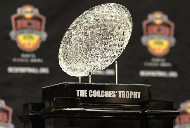 SCOTTSDALE, AZ - JANUARY 07:  The coaches trophy is displayed during Media Day for the Tostitos BCS National Championship Game at the JW Marriott Camelback Inn on January 7, 2011 in Scottsdale, Arizona.  (Photo by Christian Petersen/Getty Images)