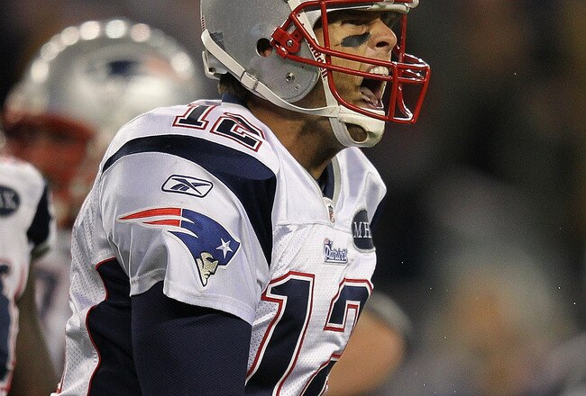 FOXBORO, MA - OCTOBER 16:    Tom Brady #12 of the New England Patriots reacts after the game-winning touchdown in the fourth quarter against the Dallas Cowboys at Gillette Stadium on October 16, 2011 in Foxboro, Massachusetts. The Patriots won 20-16. (Photo by Jim Rogash/Getty Images)