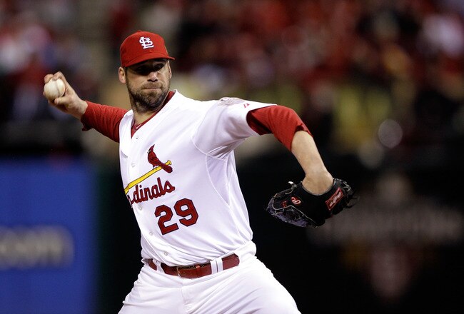 ST LOUIS, MO - OCTOBER 19:  Chris Carpenter #29 of the St. Louis Cardinals pitches in the first inning during Game One of the MLB World Series against the Texas Rangers at Busch Stadium on October 19, 2011 in St Louis, Missouri.  (Photo by Rob Carr/Getty Images)