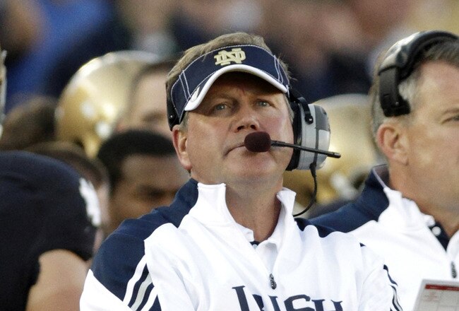 SOUTH BEND, IN - SEPTEMBER 17:  Head Coach Brian Kelly of the Notre Dame Fighting Irish looks on while playing the Michigan State Spartans during the second half September 17, 2011at Notre Dame Stadium in South Bend, Indiana. Notre Dame defeated Michigan State 31-13. (Photo by John Gress/Getty Images)