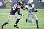 MINNEAPOLIS, MN - SEPTEMBER 25: Cedric Griffin #23 of the Minnesota Vikings looks to tackle as Jerome Harrison #36 of the Detroit Lions carries the ball in the third quarter on September 25, 2011 at Hubert H. Humphrey Metrodome in Minneapolis, Minnesota. The Lions defeated the Vikings 26-23. (Photo by Hannah Foslien/Getty Images)