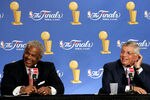 SAN ANTONIO - JUNE 21:  (L-R) Billy Hunter, President of the NBA Players Association and NBA commissioner David Stern smile at a press conference announcing that the NBA and the NBA Players Association have agreed in principal on a new 6-year Collective Bargining Agreement (CBA) prior to Game 6 of the NBA Finals between the Detroit Pistons and the San Antonio Spurs on June 21, 2005 at SBC Center in San Antonio, Texas.  NOTE TO USER: User expressly acknowledges and agrees that, by downloading and/or using this Photograph, user is consenting to the terms and conditions of the Getty Images License Agreement.  (Photo by Brian Bahr/Getty Images)