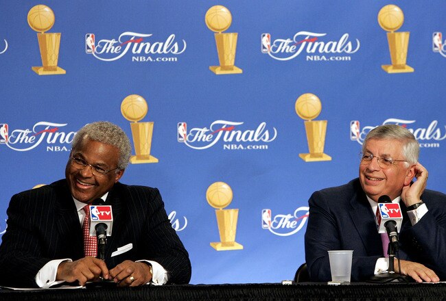 SAN ANTONIO - JUNE 21:  (L-R) Billy Hunter, President of the NBA Players Association and NBA commissioner David Stern smile at a press conference announcing that the NBA and the NBA Players Association have agreed in principal on a new 6-year Collective Bargining Agreement (CBA) prior to Game 6 of the NBA Finals between the Detroit Pistons and the San Antonio Spurs on June 21, 2005 at SBC Center in San Antonio, Texas.  NOTE TO USER: User expressly acknowledges and agrees that, by downloading and/or using this Photograph, user is consenting to the terms and conditions of the Getty Images License Agreement.  (Photo by Brian Bahr/Getty Images)