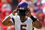 KANSAS CITY, MO - OCTOBER 02:  Quarterback Donovan McNabb #5 of the Minnesota Vikings walks off the field during the game against the Kansas City Chiefs on October 2, 2011 at Arrowhead Stadium in Kansas City, Missouri.  (Photo by Jamie Squire/Getty Images)