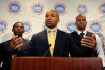 NEW YORK, NY - OCTOBER 20:  Derek Fisher, President of the National Basketball Players Association speaks at a press conference after NBA labor negotiations at Sheraton New York Hotel & Towers on October 20, 2011 in New York City.  (Photo by Patrick McDermott/Getty Images)