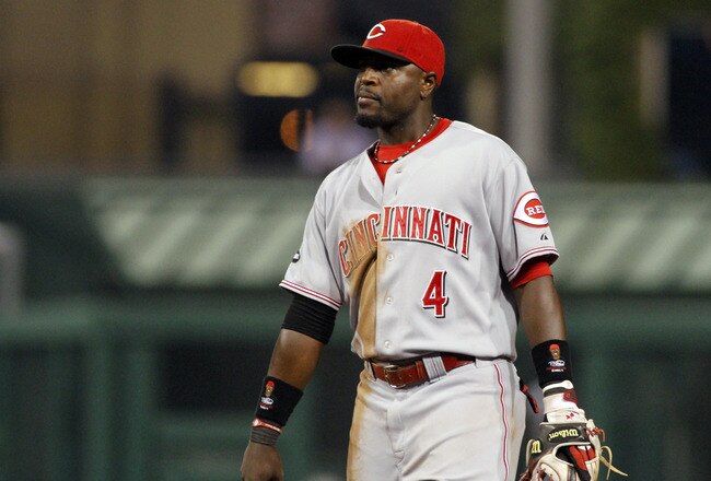 PITTSBURGH, PA - SEPTEMBER 24:  Brandon Phillips #4 of the Cincinnati Reds looks on against the Pittsburgh Pirates during the game on September 24, 2011 at PNC Park in Pittsburgh, Pennsylvania.  (Photo by Justin K. Aller/Getty Images)