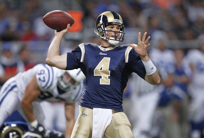 ST. LOUIS, MO - AUGUST 13: A.J. Feeley #4 of the St. Louis Rams throws a pass against the Indianapolis Colts during the NFL preseason game at Edward Jones Dome on August 13, 2011 in St. Louis, Missouri. The Rams defeated the Colts 33-10. (Photo by Joe Robbins/Getty Images)