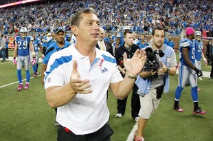DETROIT, MI - OCTOBER 10:  Head coach Jim Schwartz heads onto the field after beating the Chicago Bears 24-13 at Ford Field on October 10, 2011 in Detroit, Michigan.  (Photo by Gregory Shamus/Getty Images)