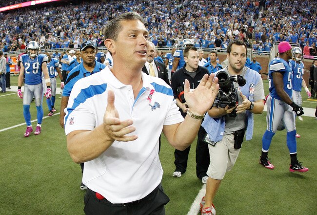 DETROIT, MI - OCTOBER 10:  Head coach Jim Schwartz heads onto the field after beating the Chicago Bears 24-13 at Ford Field on October 10, 2011 in Detroit, Michigan.  (Photo by Gregory Shamus/Getty Images)