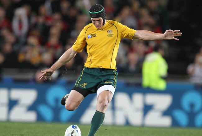 AUCKLAND, NEW ZEALAND - OCTOBER 21:  Berrick Barnes of Australia kicks the ball during the 2011 IRB Rugby World Cup bronze final match between Wales and Australia at Eden Park on October 21, 2011 in Auckland, New Zealand.  . (Photo by Steve Haag / Gallo Images/Getty Images)
