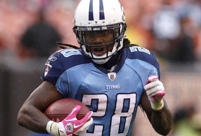 CLEVELAND, OH - OCTOBER 02:  Running back Chris Johnson #28 of the Tennessee Titans runs the ball against the Cleveland Browns at Cleveland Browns Stadium on October 2, 2011 in Cleveland, Ohio.  (Photo by Matt Sullivan/Getty Images)