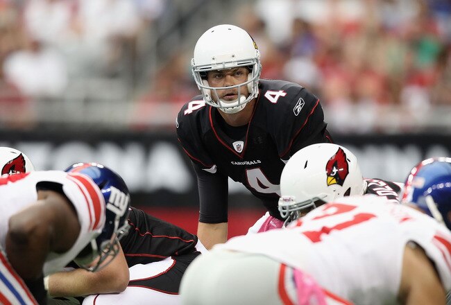 GLENDALE, AZ - OCTOBER 02:  Quarterback Kevin Kolb #4 of the Arizona Cardinals prepares to snap the football during the NFL game against the New York Giants at the University of Phoenix Stadium on October 2, 2011 in Glendale, Arizona.  The Giants defeated the Cardinals 31-27.  (Photo by Christian Petersen/Getty Images)