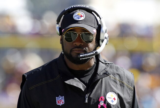 PITTSBURGH, PA - OCTOBER 9:  Pittsburgh Steelers head coach Mike Tomlin looks on against the Tennessee Titans during the game on October 9, 2011 at Heinz Field in Pittsburgh, Pennsylvania.  (Photo by Justin K. Aller/Getty Images)
