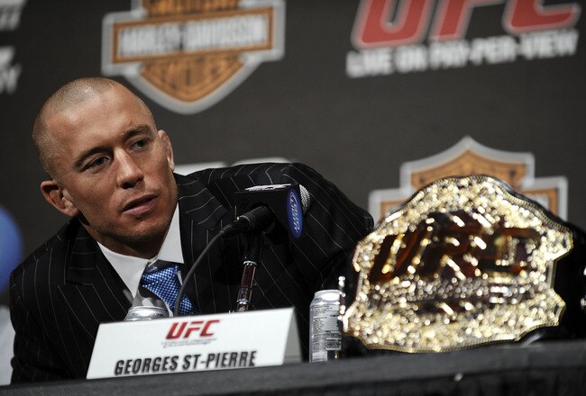 NEW YORK - MARCH 24:  Georges St-Pierre of Montreal, Quebec, Canada speaks at a press conference for UFC 111 at Radio City Music Hall on March 24, 2010 in New York City.  St-Pierre will face Dan Hardy of Nottingham UK in the Welterweight title bout.  (Photo by Jeff Zelevansky/Getty Images)
