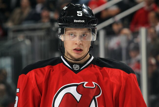 NEWARK, NJ - OCTOBER 13:  Adam Larsson #5 of the New Jersey Devils skates against the Los Angeles Kings at Prudential Center on October 13, 2011 in Newark, New Jersey.  (Photo by Bruce Bennett/Getty Images)