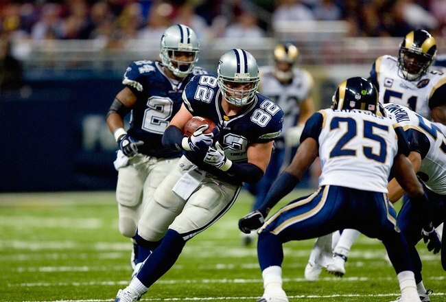ST. LOUIS - OCTOBER 19:  Jason Witten #82 of the Dallas Cowboys runs with the ball against the St. Louis Rams during their NFL game at Edward Jones Dome on October 19, 2008 in St. Louis, Missouri.  The Rams defeated the Cowboys 34-14.  (Photo by Dilip Vishwanat/Getty Images)