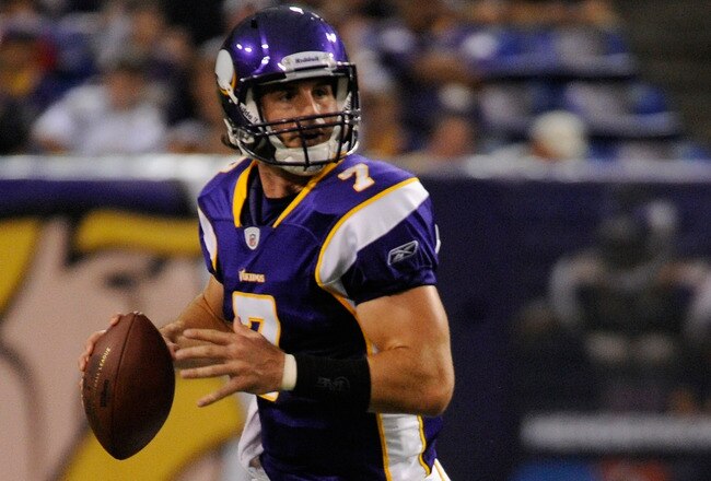 MINNEAPOLIS, MN - SEPTEMBER 01: Christian Ponder #7 of the Minnesota Vikings scrambles with the ball in the first half against the Houston Texans on September 1, 2011 at Hubert H. Humphrey Metrodome in Minneapolis, Minnesota. (Photo by Hannah Foslien/Getty Images)