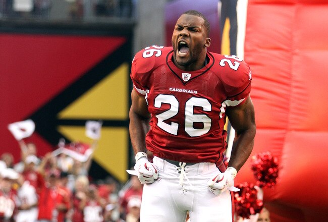 GLENDALE, AZ - OCTOBER 23:  Beanie Wells #26 of the Arizona Cardinals reacts during team introductions before the game against the Pittsburgh Steelers at University of Phoenix Stadium on October 23, 2011 in Glendale, Arizona.  (Photo by Christian Petersen/Getty Images)