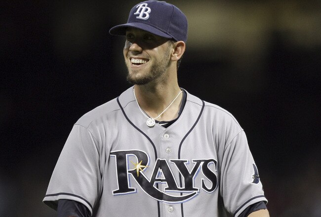 HOUSTON - JUNE 24:  Pitcher James Shields #33 of the Tampa Bay Rays is all smiles after recording the final out and his sixth complete game of the season as they defeated the Houston Astros 5-1 at Minute Maid Park on June 24, 2011 in Houston, Texas.  (Photo by Bob Levey/Getty Images)