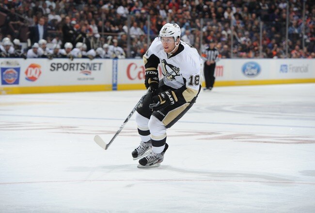 EDMONTON, CANADA - OCTOBER 9: James Neal #18 of the Pittsburgh Penguins skates against the Edmonton Oilers on October 9, 2011 at Rexall Place in Edmonton, Alberta, Canada. (Photo by Dale MacMillan/Getty Images)