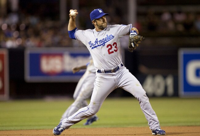 SAN DIEGO, CA - AUGUST 1: Third baseman Casey Blake #23 of the Los Angeles Dodgers throws the ball during the game against the San Diego Padres at Petco Park on August 1, 2011 in San Diego, California. (Photo by Kent C. Horner/Getty Images)