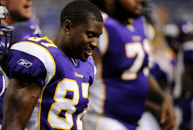MINNEAPOLIS, MN - SEPTEMBER 01: Bernard Berrian #87 of the Minnesota Vikings looks on during the game against the Houston Texans on September 1, 2011 at Hubert H. Humphrey Metrodome in Minneapolis, Minnesota. (Photo by Hannah Foslien/Getty Images)
