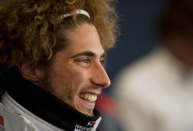 PHILLIP ISLAND, AUSTRALIA - OCTOBER 15:  Marco Simoncelli of Italy and San Carlo Honda Gresini speaks during the press conference  at the end of the qualifying practice for the Australian MotoGP, which is round 16 of the MotoGP World Championship, at Phillip Island Grand Prix Circuit on October 15, 2011 in Phillip Island, Australia.  (Photo by Mirco Lazzari gp/Getty Images)